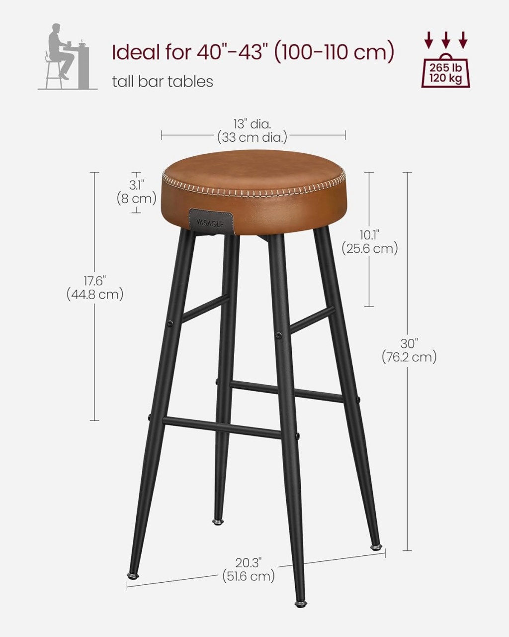 Set 2 scaune de bar, Vasagle, Maro, 51.6x51.6x75 cm - 2 | YEO