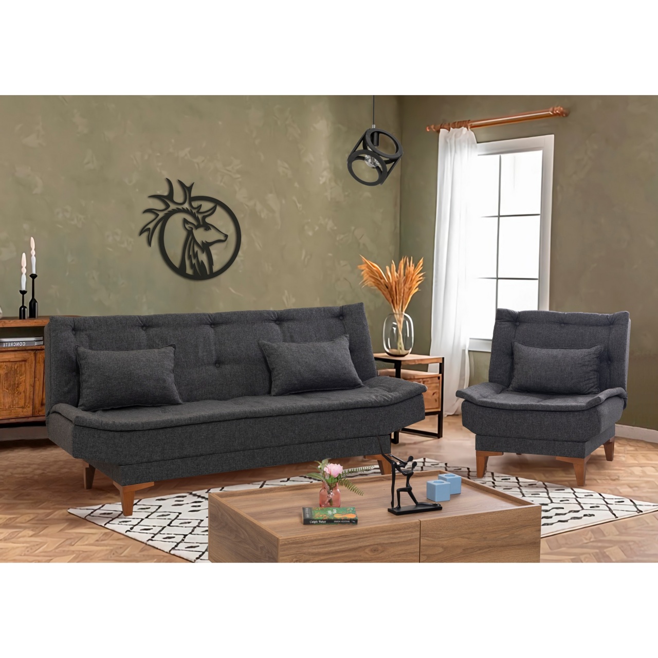 Set canapea 3 locuri extensibila si fotoliu Santo Antracit