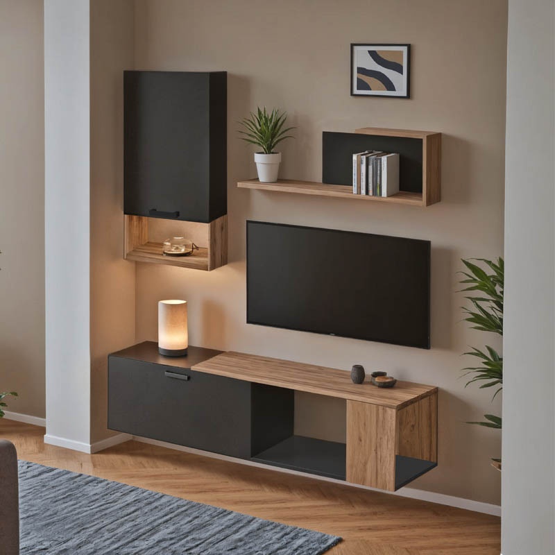 Set mobilier living Poelfy, Pako World, Gri inchis-Stejar, 170x37x42 cm - 1 | YEO