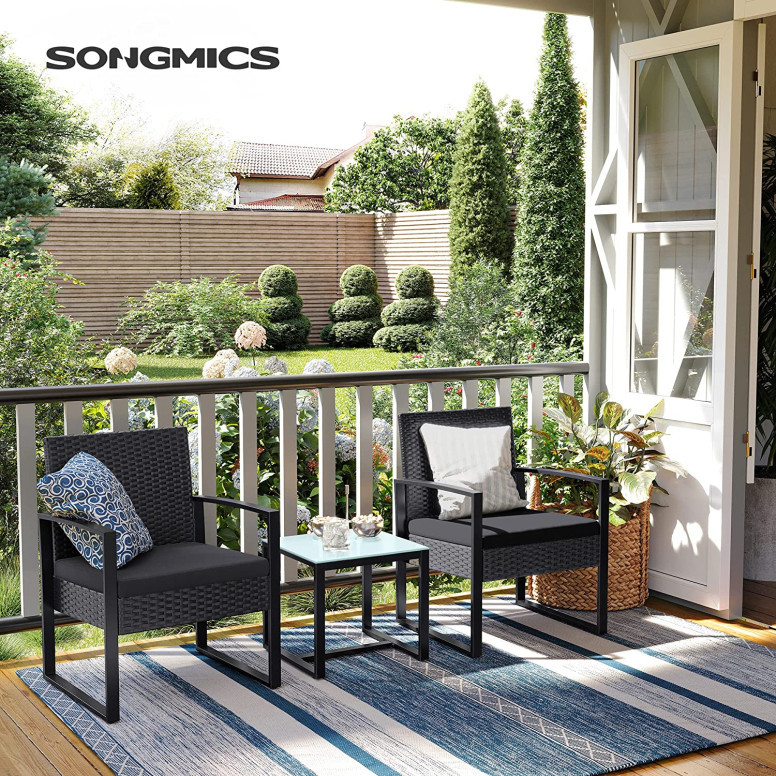 Set scaune si masa de cafea de gradina, Songmics, Negru, GGF010B05
