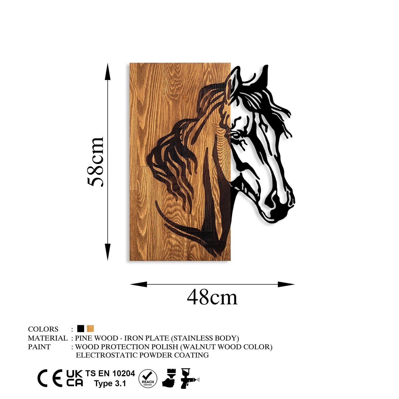 Tablou din lemn si metal Horse Nuc 48x57 cm