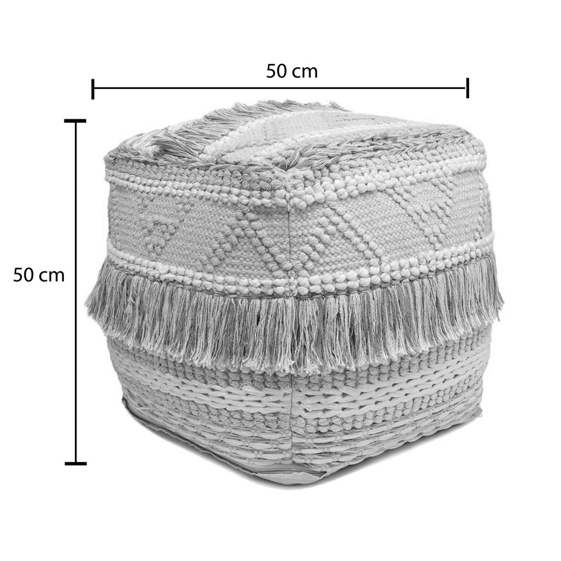 Taburet Puf Boho Scauni, Pako World, Bumbac, Alb-Bej, 50x50x50 cm