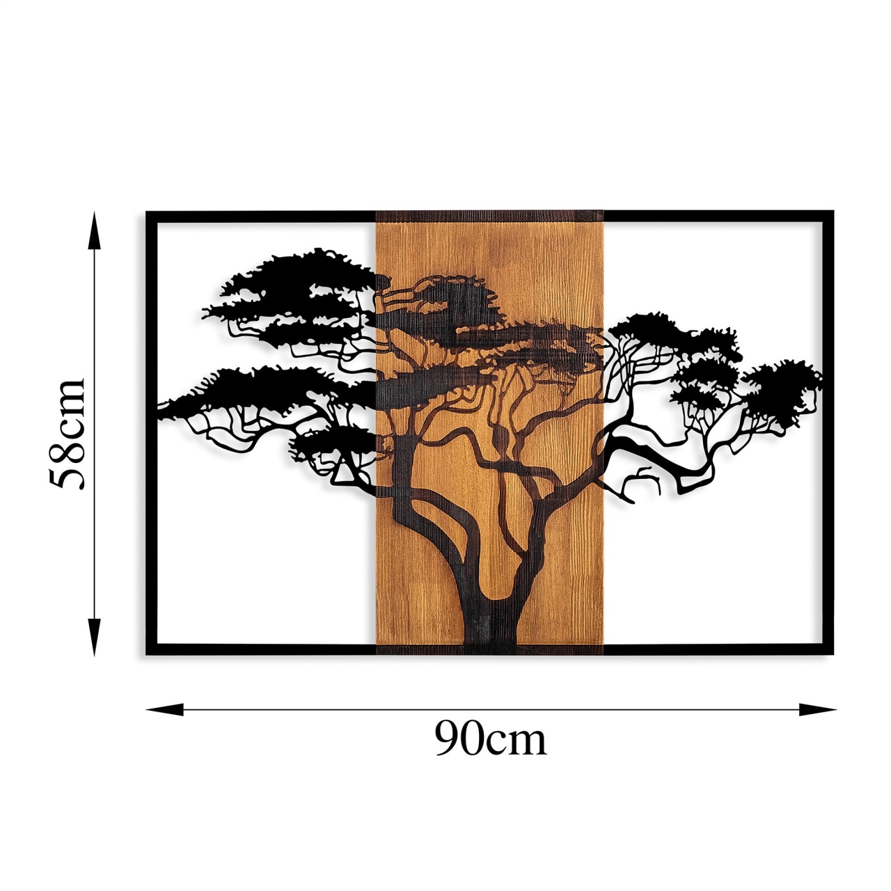 Accesoriu decorativ de perete din lemn si metal cu rama Acacia Tree Nuc 90x58 cm