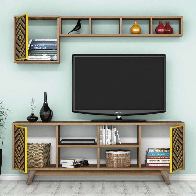 Comoda TV İnci - Walnut, Yellow - 1 | YEO