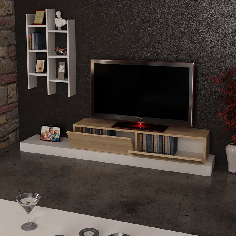 Comoda TV Rumba, Pako World, Stejar-Alb, 180x30x31 cm - 2 | YEO