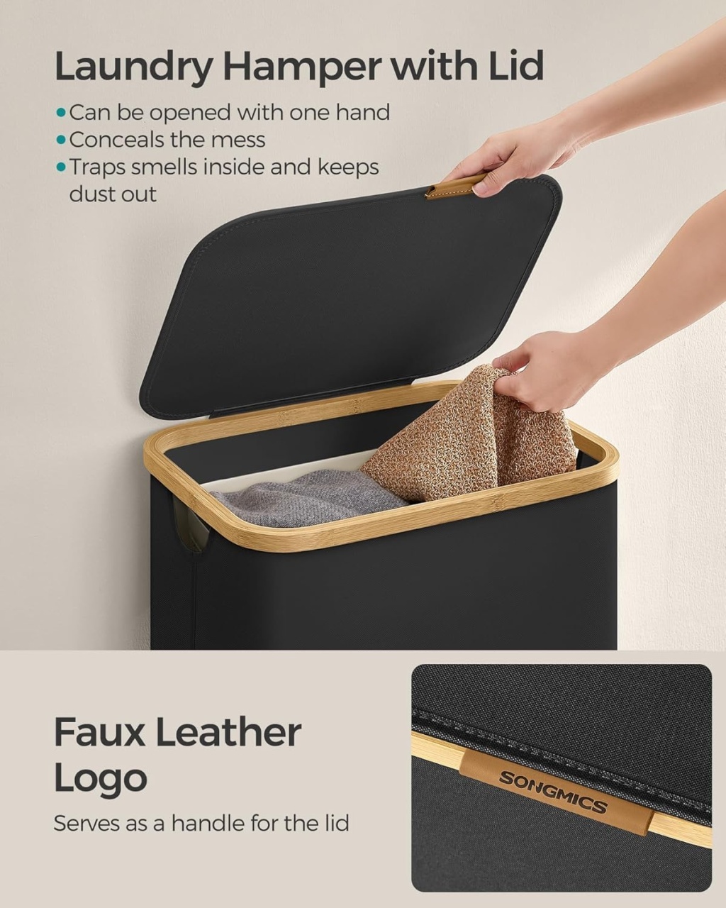 Cos de rufe Songmics Negru 42x32x70.5 cm - 3 | YEO