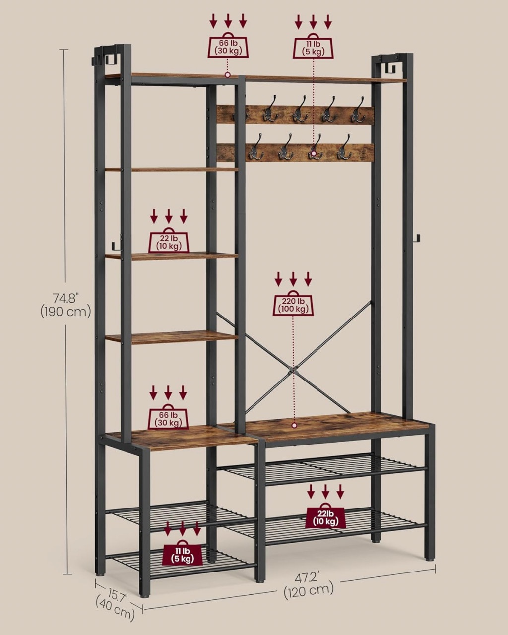 Cuier, Vasagle, Maro-Negru, 120x40x190 cm - 4 | YEO