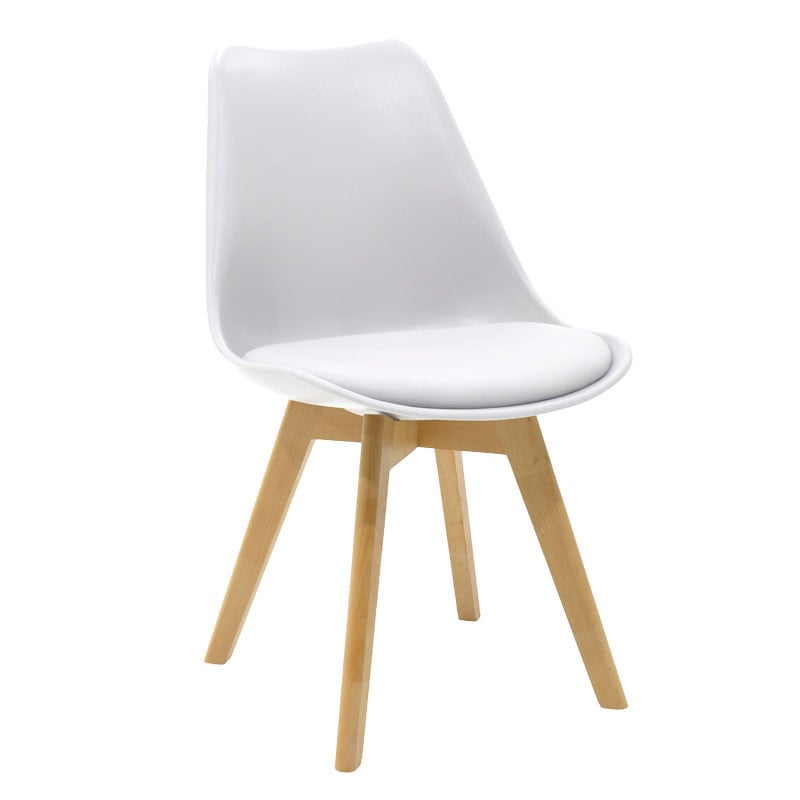 Scaun Gaston plastic - piele ecologica alb - picior culoare lemn natural 53.5x48.5x83cm