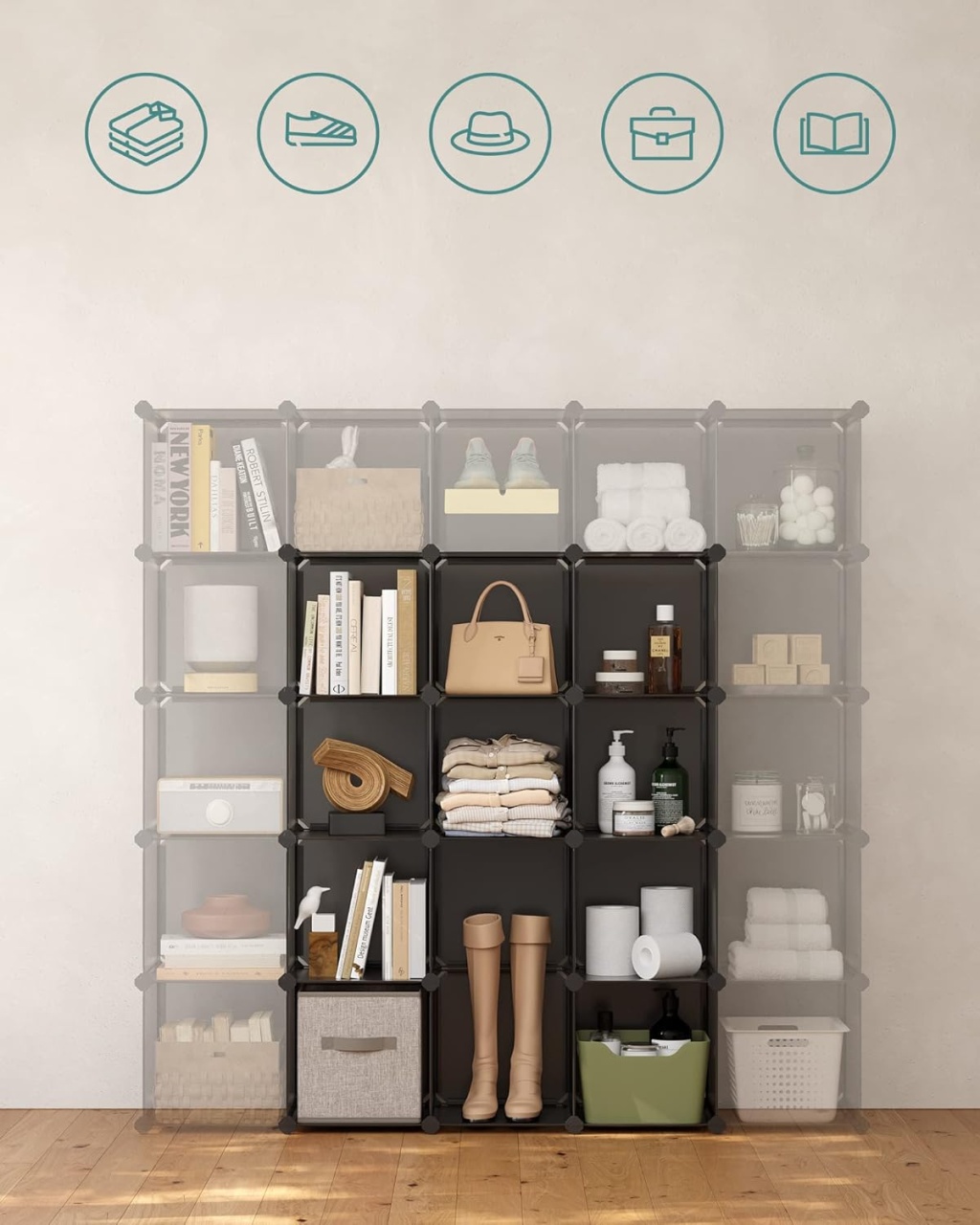 Set 15 cuburi pentru depozitare, Songmics, Negru, 153 x 31 x 153 cm