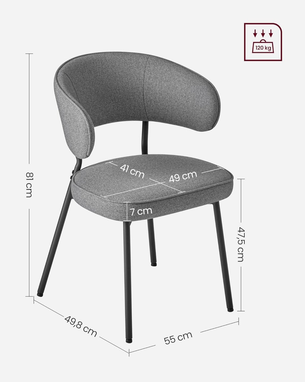 Set 2 scaune dinings, Vasagle, Gri inchis, 54x52x82 cm - 2 | YEO