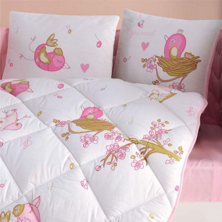 Set Complet Lenjerie Patut Bebe Singer Birds V1 Roz (Bumbac 100%) - 2 | YEO