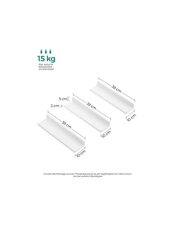 Set de 3 rafturi, Songmics, 38 x 10 cm, MDF, Alb, LWS38WT - 2 | YEO