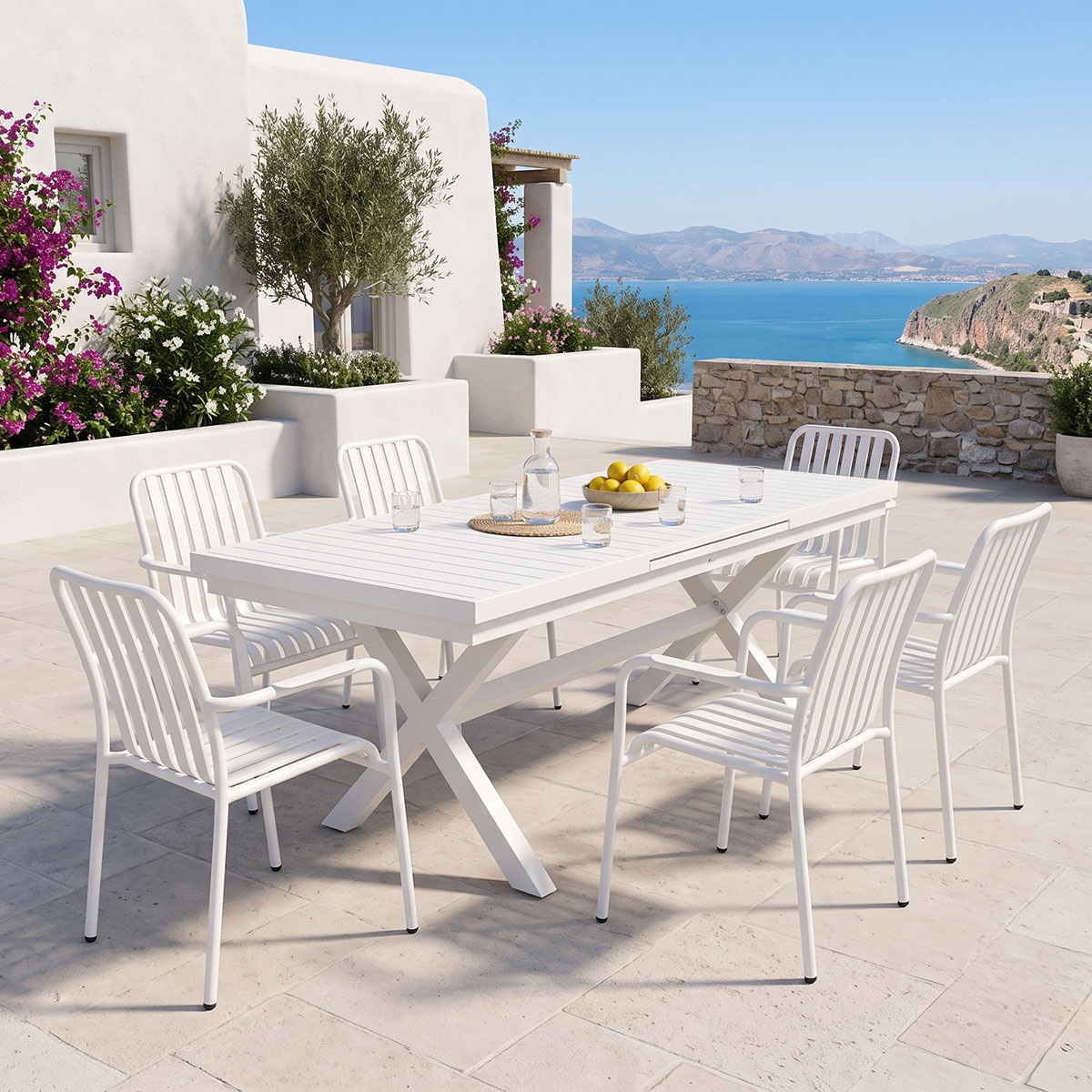 Set masa si scaune dining 7 buc Dagyn Vista Pako Alb 240x90x76 cm