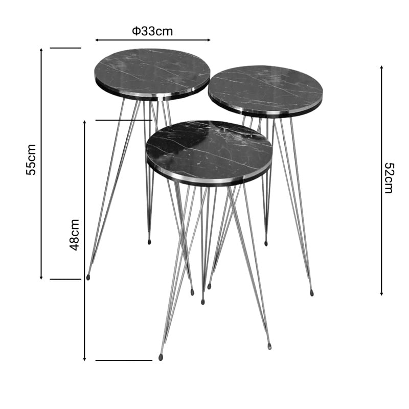 Set masute laterale 3 buc Wakmi Pako World Negru 33x33x55 cm