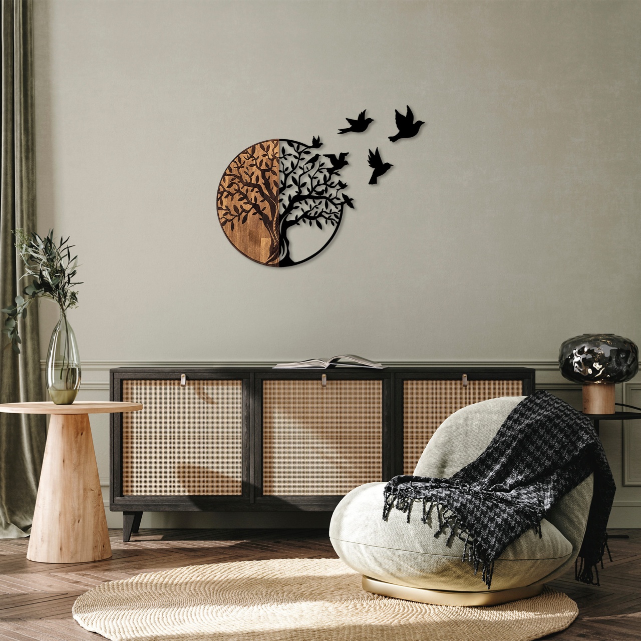 Accesoriu decorativ de perete din lemn si metal Tree And Birds Negru 92x3x71 cm - 2 | YEO