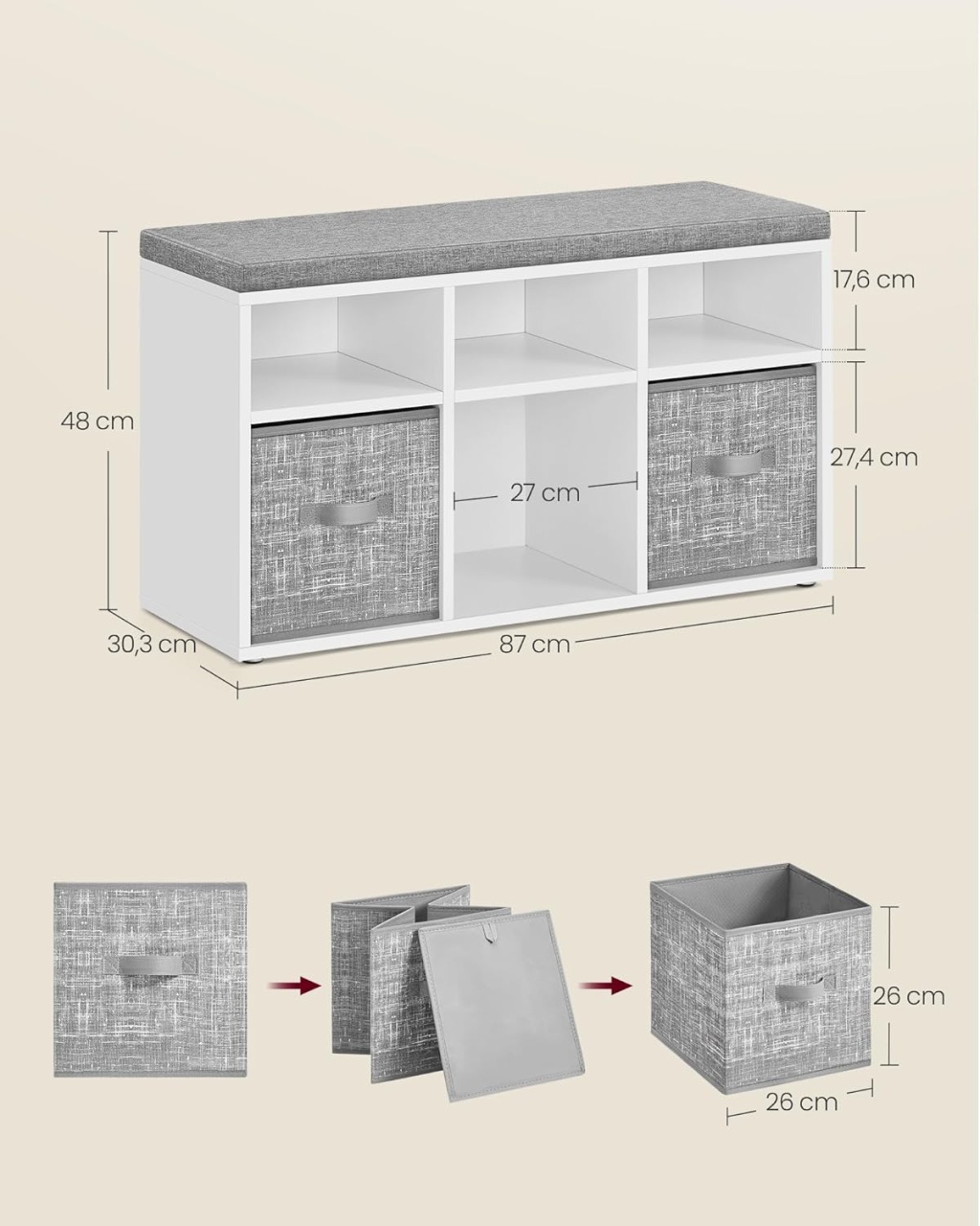 Bancuta cu spatiu depozitare si pantofar Vasagle Gri 87x30.3x48 cm - 2 | YEO