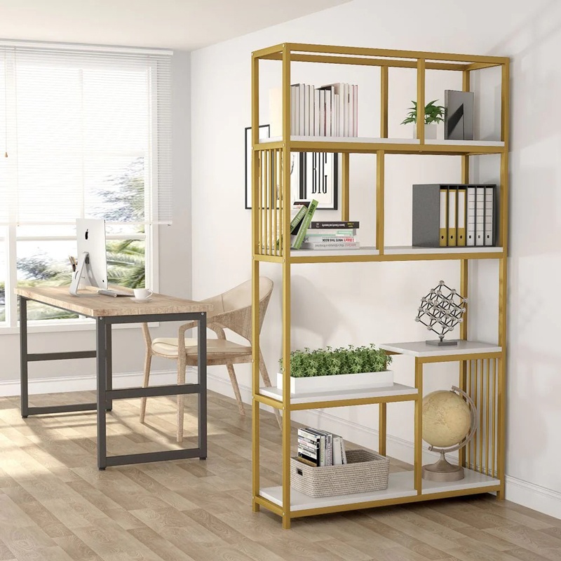 Biblioteca raft Denver, Pako World, Metal, Auriu, Aspect marmura alba, 100x30x180 cm