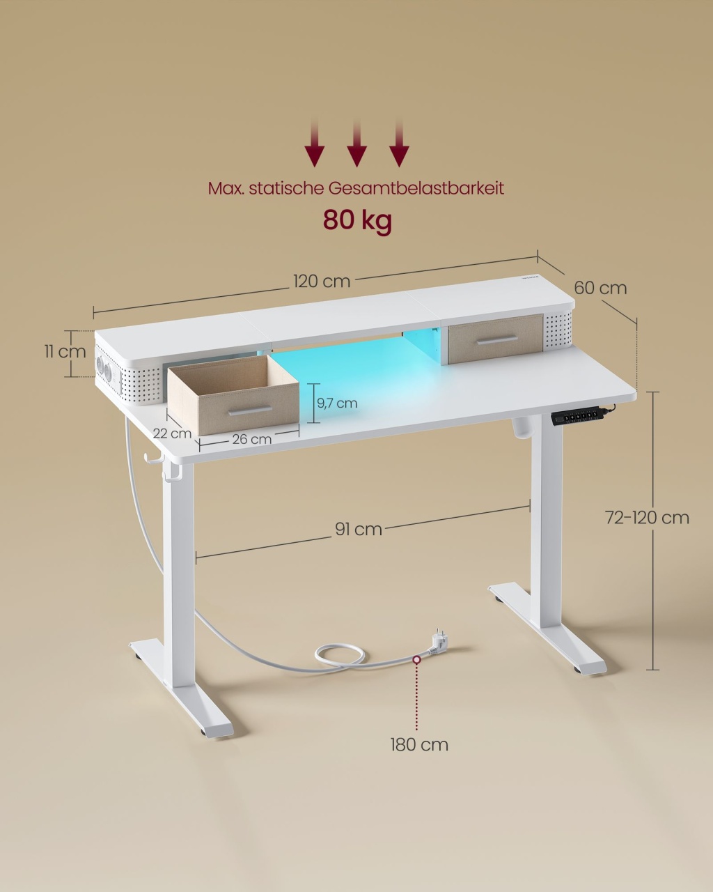 Birou reglabil Vasagle Alb 120x60x131.5 cm