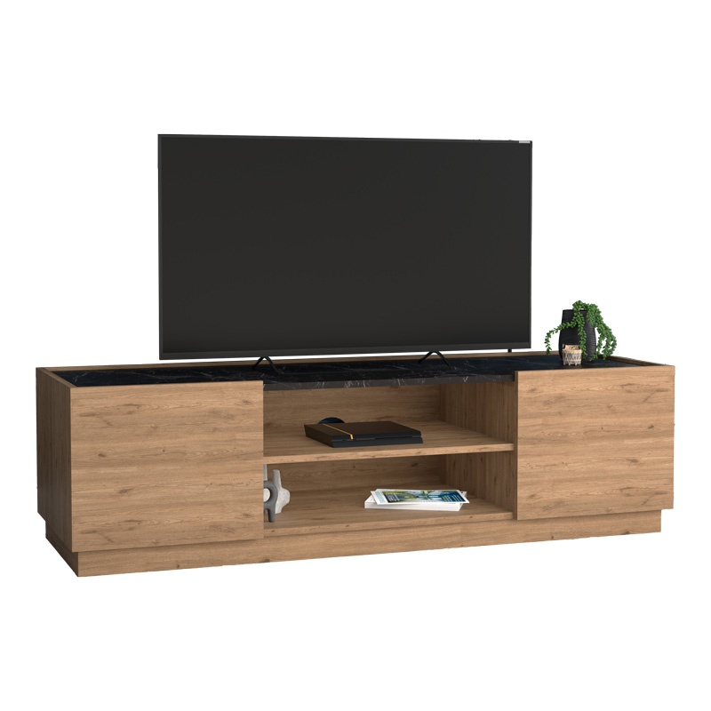 Comoda TV Betna, Pako World, Nuc, Aspect marmura neagra, 150x42x48 cm
