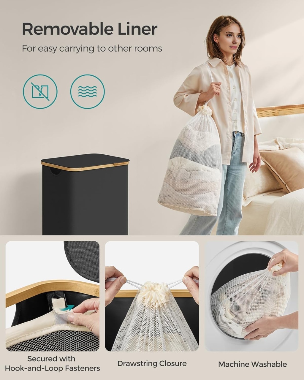 Cos de rufe Songmics Negru 42x32x70.5 cm - 4 | YEO