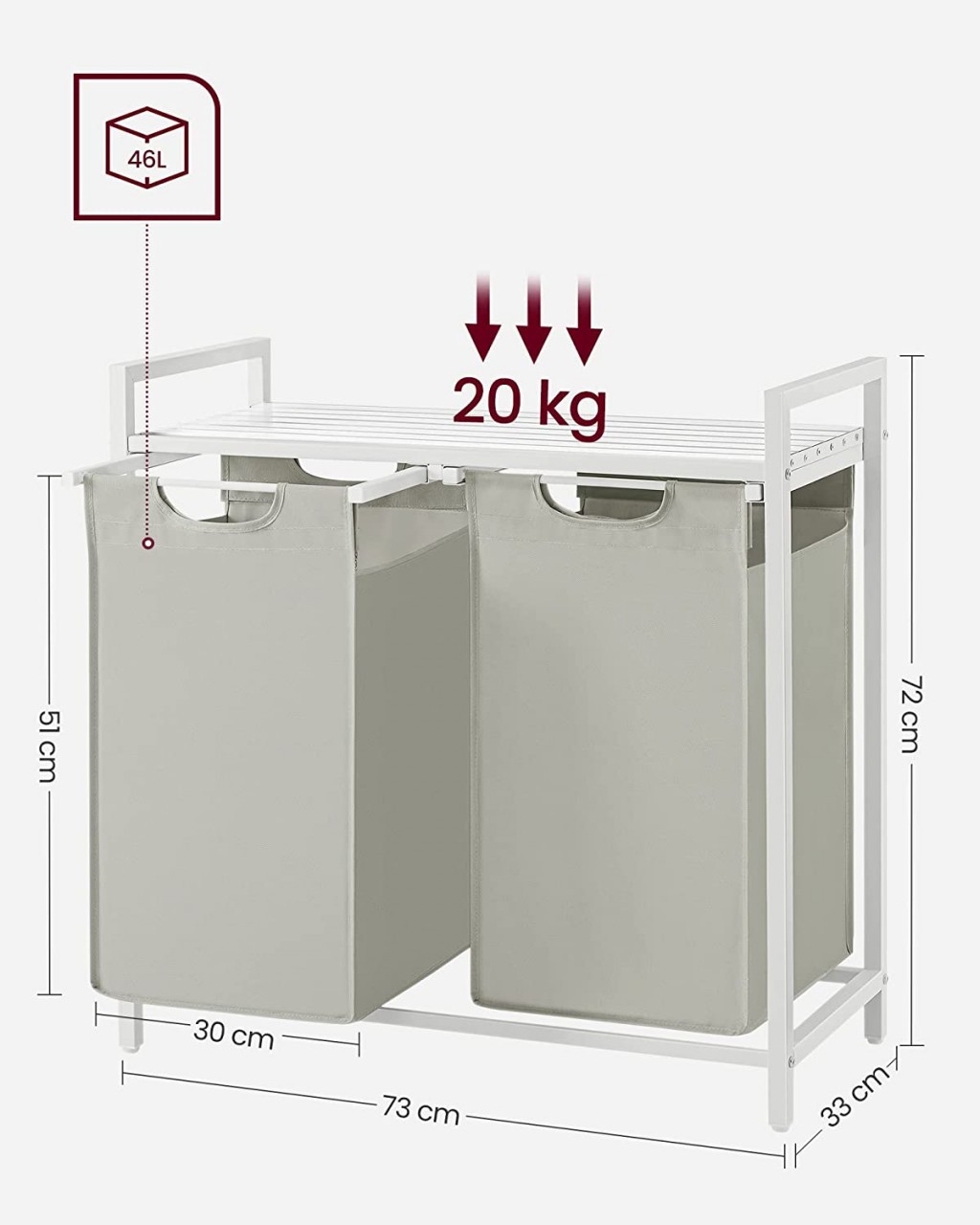 Cos de rufe, Vasagle, Alb, 73x33x71 cm - 3 | YEO