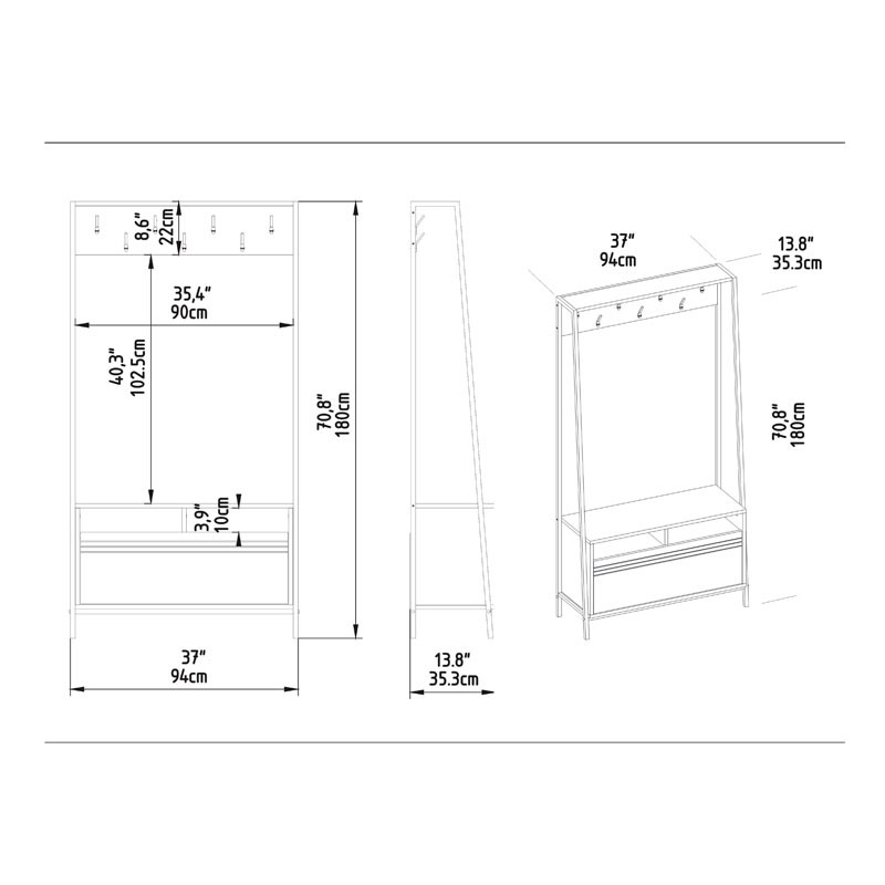 Cuier hol Foxtel, culoarea nuc - negru 94x35x180cm - 2 | YEO