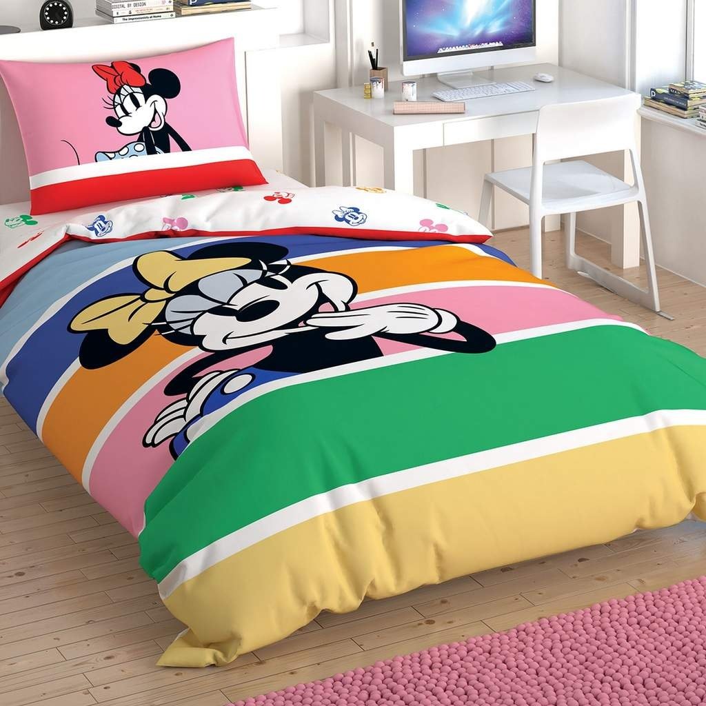 Lenjerie 1 Persoana cu Elastic 100x200 Minnie Mouse Rainbow (Bumbac 100%)