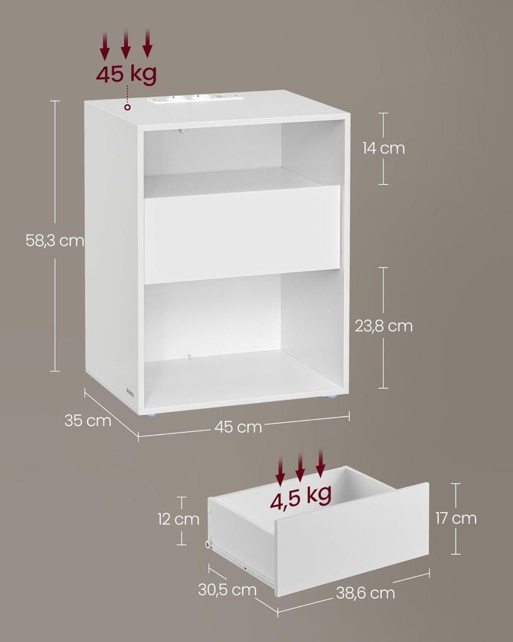 Noptiera cu priza Vasagle Alb 45x35x58.3 cm - 1 | YEO