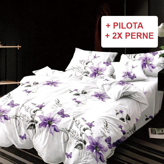 Pachet Lenjerie cu Elastic 180x200 cm + Pilota + Perne Orchid (Finet)