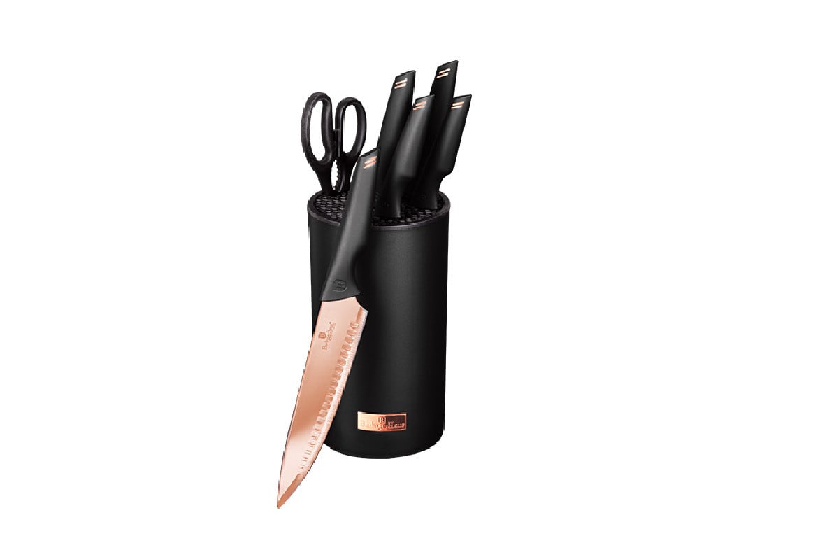 Set 7 cutite cu stand din otel inoxidabil, negru- Rose Gold