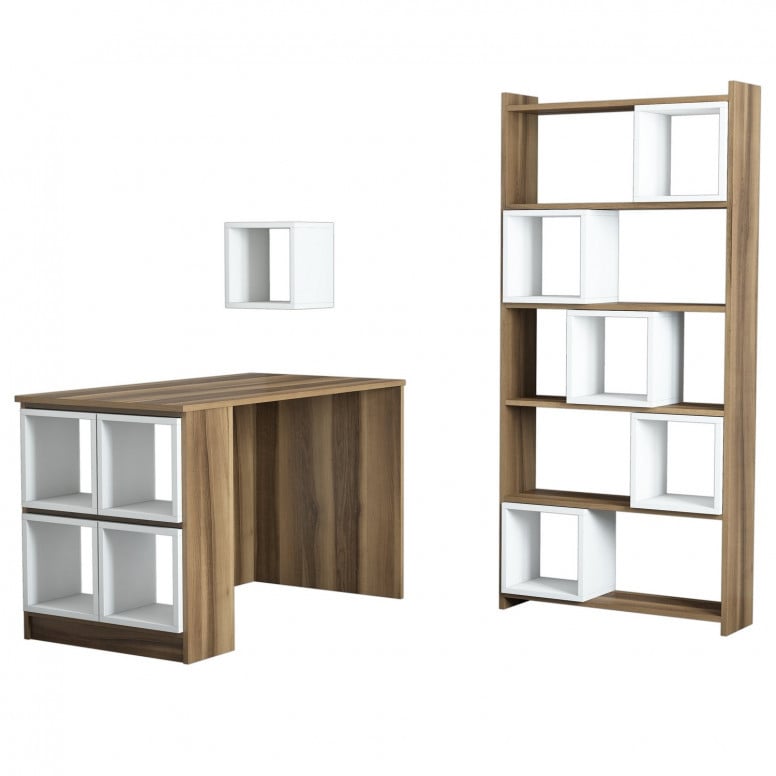 Set Birou si Biblioteca Box Walnut-Alb - 1 | YEO