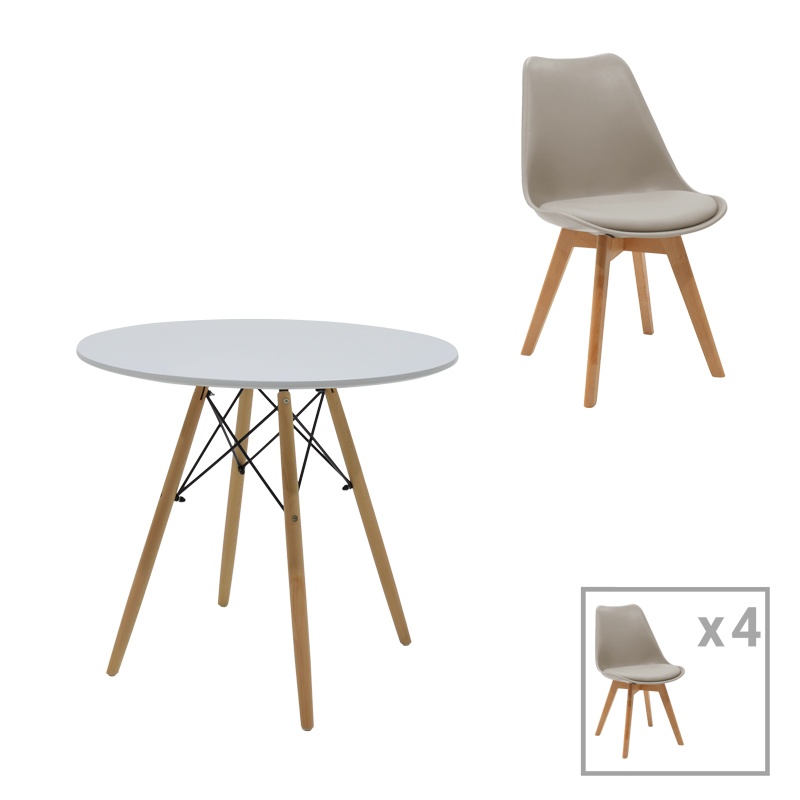Set dining Julita-Gaston, Pako World, MDF, 5 piese, Gri-Alb-Natural, 80x80x73 cm