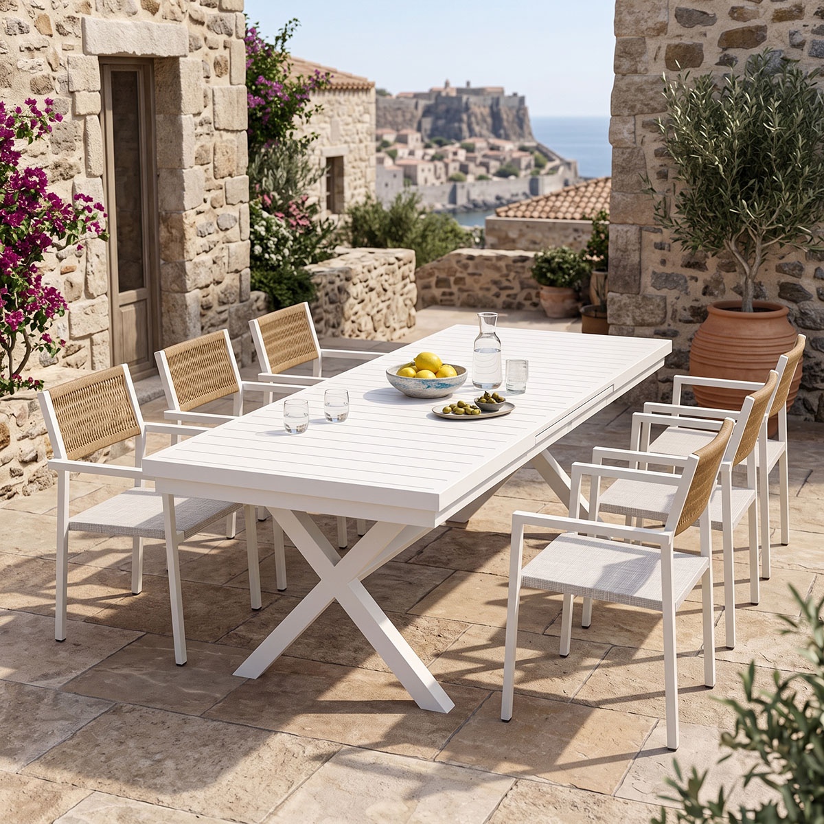 Set masa si scaune dining extensibil 7 buc Dagyn Savor Pako Alb 240x90x76 cm