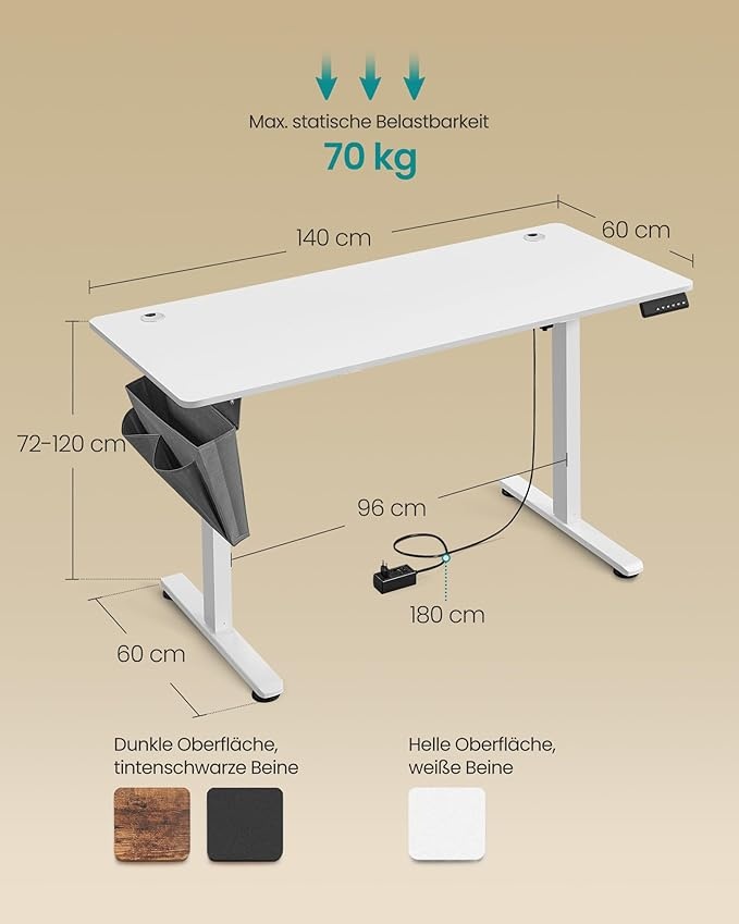 Birou reglabil Vasagle, Alb, LSD134W01V1, 60 x 140 x (72-120) cm - 2 | YEO