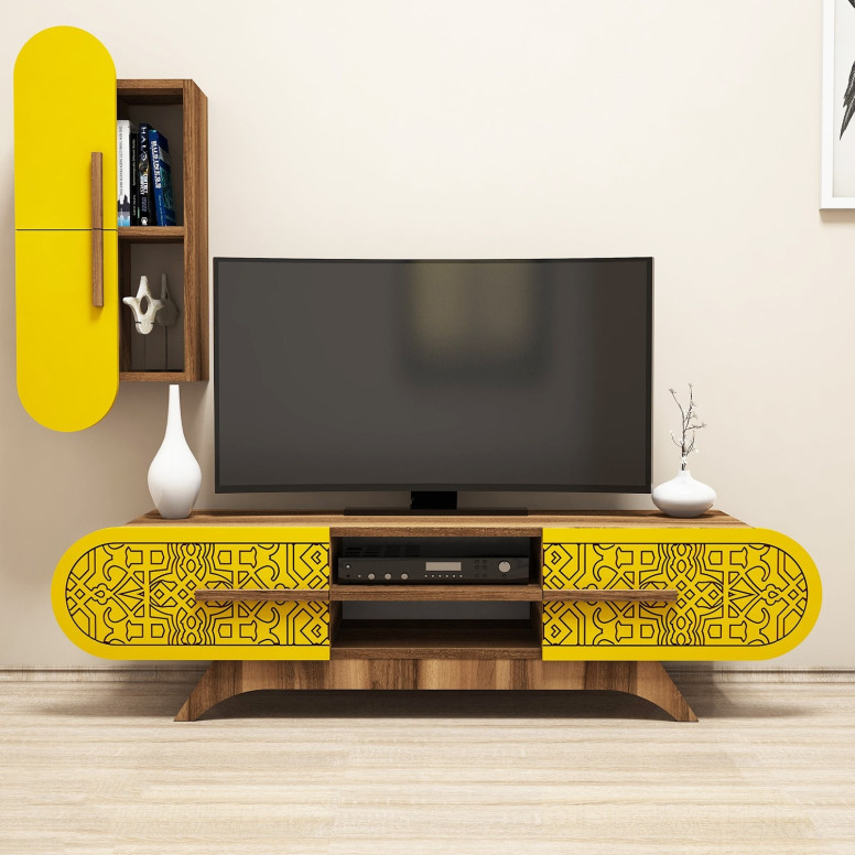 Comoda TV Defne - Walnut, Yellow - 1 | YEO