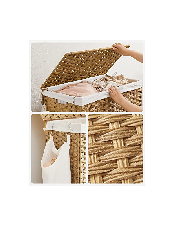 Cos pentru rufe cu roti, Songmics, 140L, Natural, 66 x 33 x 60 cm