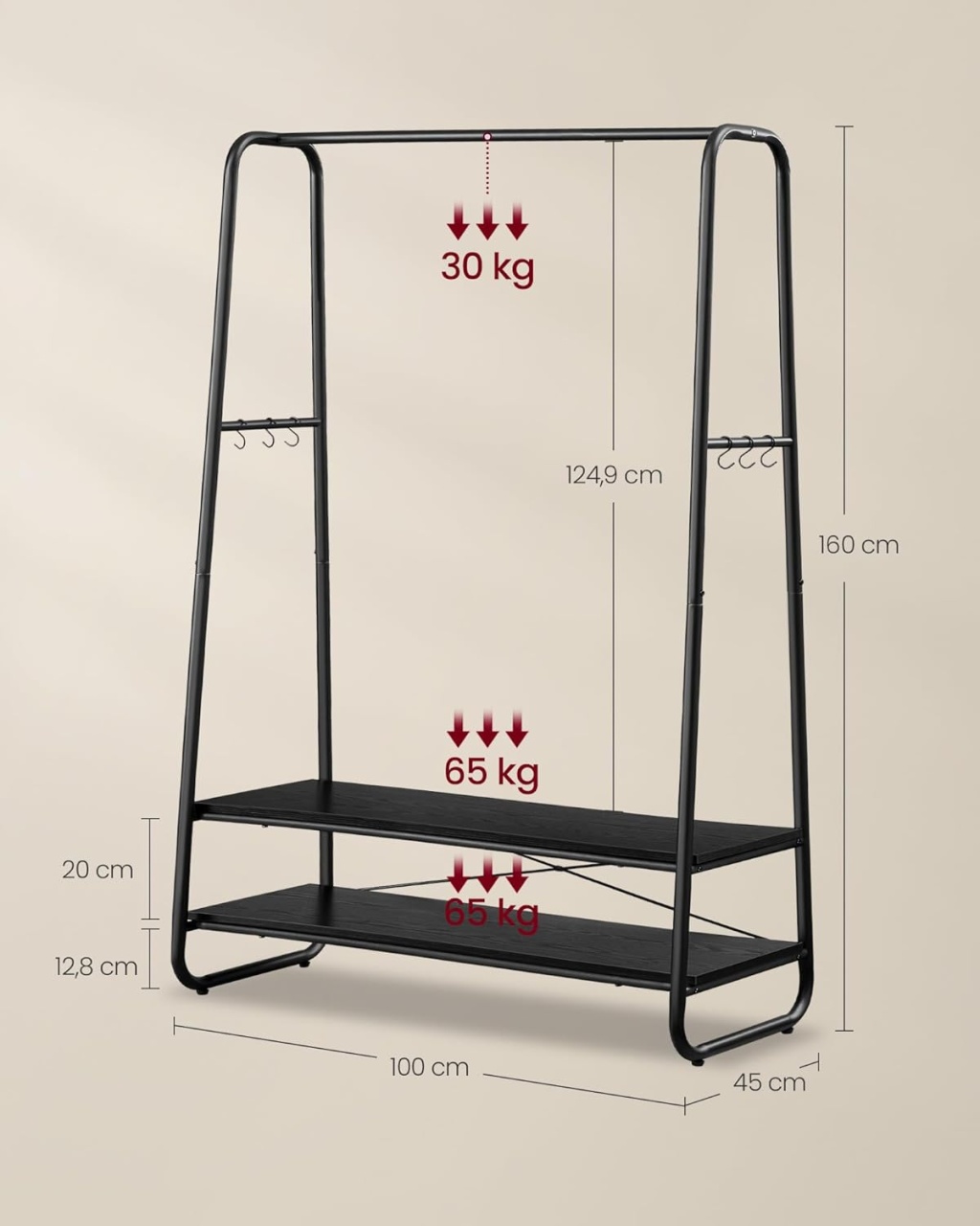 Cuier Vasagle Negru 100x45x160 cm - 4 | YEO