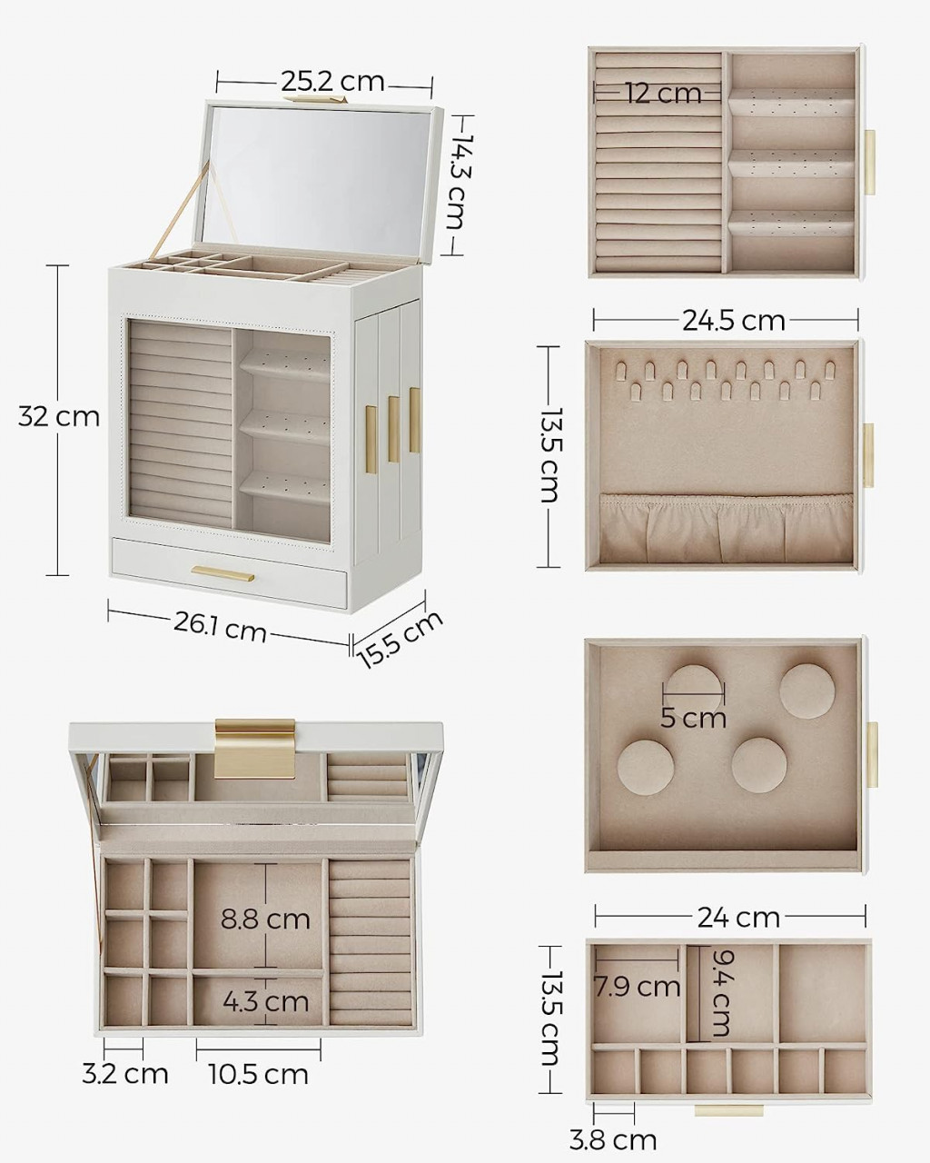 Cutie bijuterii, Songmics, Alb-Auriu, 27x16.5x32 cm
