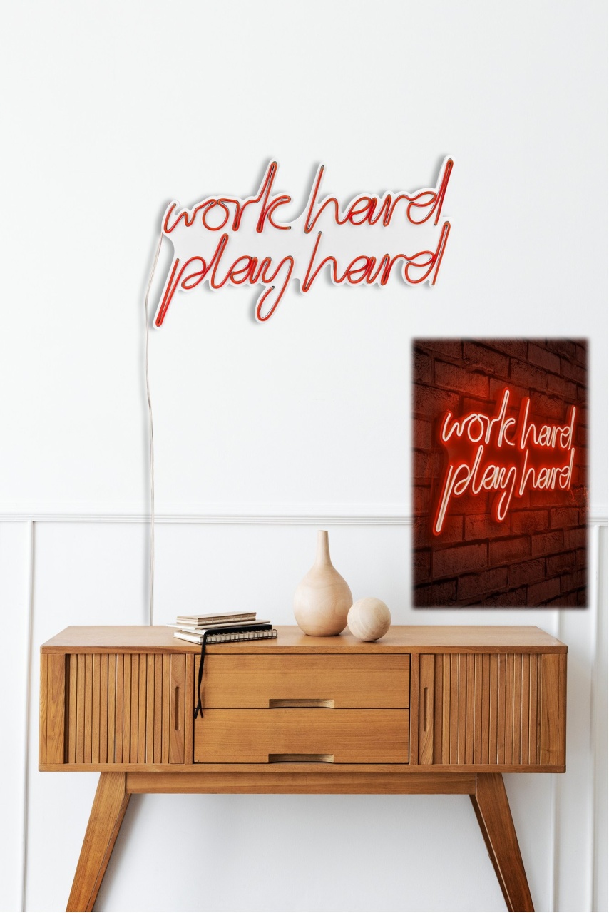 Decoratiune luminoasa LED de perete Work Hard Play Hard Rosu 55x36x2 cm - 2 | YEO