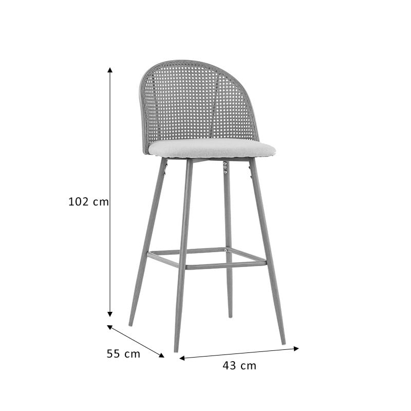 Scaun de bar Kace plastic ratan culoare lemn natural - piele ecologica gri inchis - metal negru 43x55x102cm