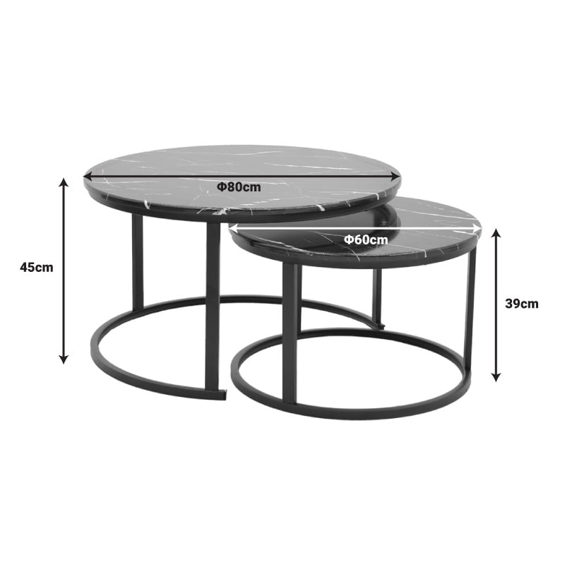 Set de 2 masute de cafea Revelon MDF aspect marmura negru 80x80x45 cm