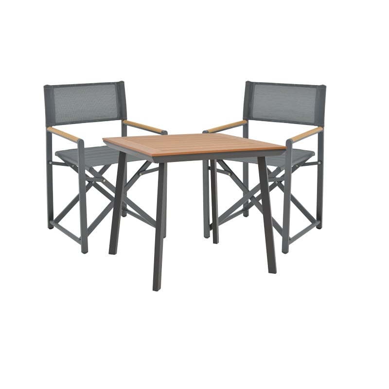 Set de 3 buc masa si scaune de gradina Mabu-Synergy aluminiu antracit si placaj culoare natur 80x80x74 cm