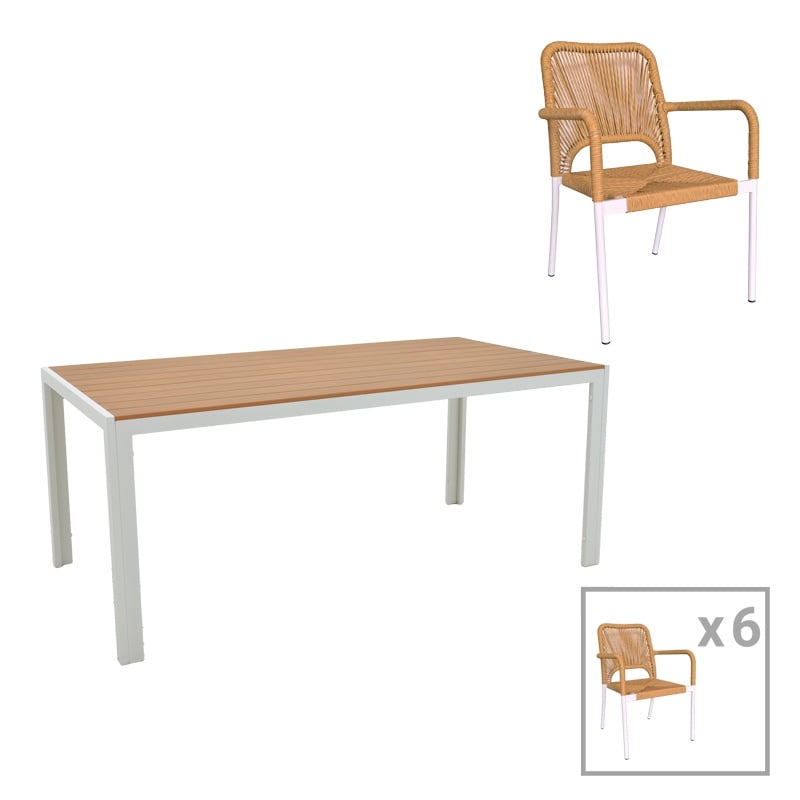 Set de 7 buc masa si scaune de gradina Nares-Norture B aluminiu alb si placaj in nuanta naturala 180x90x72.5 cm