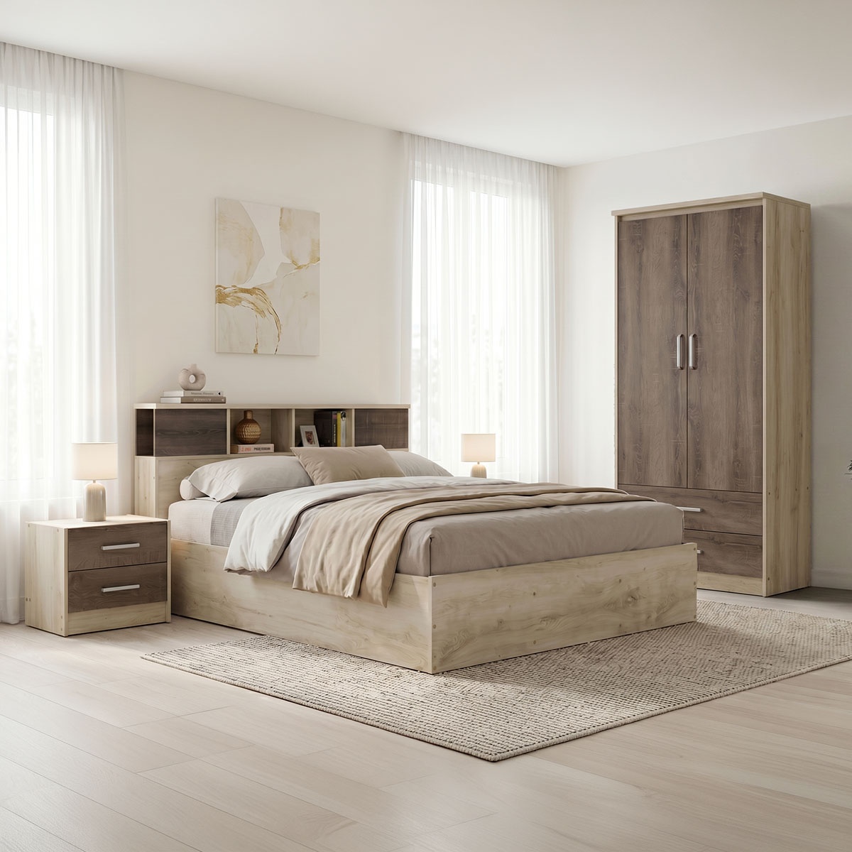 Set dormitor studenti pat, noptiera si dulap, 3 buc, Decadent, Castaniu, 147x221x84 cm