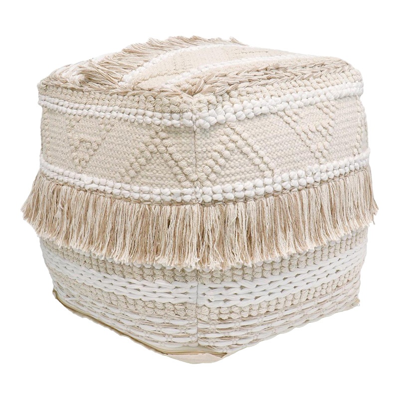 Taburet Puf Boho Scauni, Pako World, Bumbac, Alb-Bej, 50x50x50 cm