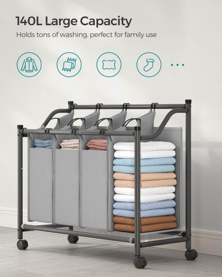 Organizator cu roti pentru baie, Songmics, 4 x 35L, 87.5 x 38.5 x 67 cm, LSF005, Gri