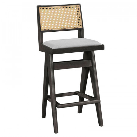Scaun de bar Winslow lemn de arbore de cauciuc negru - pvc ratan material culoare lemn natural - gri