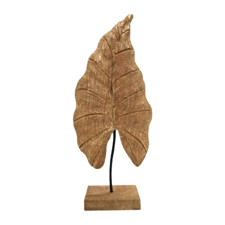 Decoratiune de masa Thelx frunza aurie din lemn de mango si fier 24.5x8.5x57.5 cm