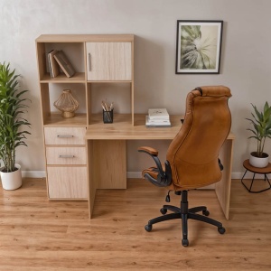 Birou cu biblioteca Scarlet, Pako World, Alb-Sonoma, 161x60x150 cm - Img 2
