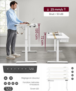 Birou reglabil, Vasagle, Alb, 140×60×72-120 - Img 3